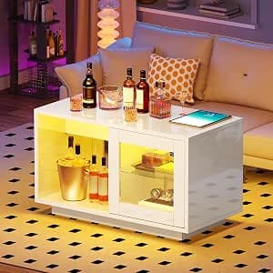 YITAHOME Coffee Table White, High Gloss with LED Lighting Living Room Table Modern Side Table White with Open Adjustable Display Shelf 80 x 40 x 45 cm