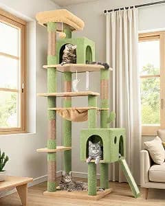 Globlazer Large Cactus Cat Tree Tower, 70in Tall Heavy Duty Green Cat Tree for Indoor Cats Sturdy Cat Tower with Scratching Post and Board, Hammock, Cat Condos for Adult Cats Kittens, F70 Pro, Green