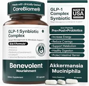 Benevolent Glp-1 Support | 5-in-1 Synbiotic with Akkermansia, MetSyn®, Chromax® & Liposomal Berberine | Natural GLP 1 Probiotics Supplement for Weight Management & Metabolic Balance, 60 Ct