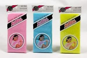 SALUX Nylon Japanese Beauty Skin Bath Wash Cloth Towel 3 Count Mix Pink Yellow Blue (3 Units)