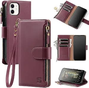 Shieldtop Compatible with iPhone 11 6.1" Wallet Case with Card Holder,Women Men RFID Blocking PU Leather Flip Cover Wrist Strap Zipper Credit Card Slots,Phone Case for Apple 11 6.1",Wine Red