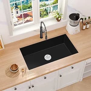 Rhbamoa Black Undermount Kitchen Sink, 32 inch Black Granite Composite Kitchen Sinks, Deep Single Bowl Sinks, 32''x18'' Large Quartz Sink with Accessories