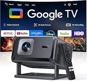 Smart Projector [Bundled with Google TV Stick & 4K Support] with WiFi and Bluetooth, Portable Mini Movie Short Throw Projector Outdoor with Built-in Apps Auto Focus for Home Theater Bedroom Ceiling