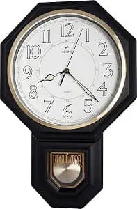 JUSTIME Traditional Schoolhouse Luminious Arabic Regulator Wall Clock, Chiming Wall Clocks with Pendulum & Westminster Chime Hourly, Schoolhouse Wall Decor Battery Operated (Matte Black)