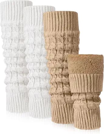 Shihanee 2 Pairs Winter Fleece Lined Leg Warmers for Women Warm Long Boot Socks Knit Thick Calf Warmers for Skating Walking