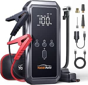5000A Car Jump Starter, YaberAuto Jump Starter Power Bank with 150PSI Compressor, 21,800 mAh Power Bank with 300 Lumens Emergency Light, 4-in-1 Power Bank as Jump Starter with LCD Screen, YA70