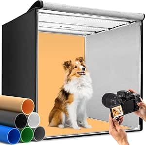 DUCLUS Photo Box 80 cm (32 Inches) Professional Foldable Photo Studio Set with 3 Adjustable LED Light Panels and 5600 K Continuously Dimmable, 6 Matt PP Backdrops, Light Tent for Large Product