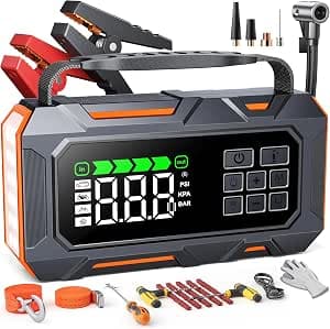 14-in-1 7000A Jump Starter Power Bank for Cars with Compressor 160 PSI, 26800 mAh Car Jump Starter with Emergency Kit, Starter Power Bank for All Petrol/12L Diesel, 5 LED Lights, Tyre Repair Kit