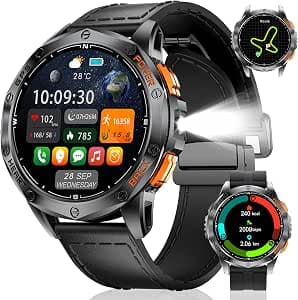 LIGE GPS Smart Watch for Men, Make/Answer Call, LED Flashlight, 1.43" AMOLED Display Fitness Tracker with 100+ Sports Modes, Compass/Barometer/Altimeter Smartwatch for iOS Android, Black Leather