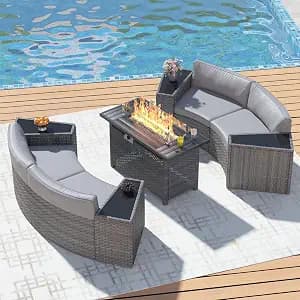 ABCASA 9-Piece Half Moon Patio Sectional Furniture Set with 44" Fire Pit Table, Curved Outdoor Sofa Set w/Thick Cushion & Wedge Side Table, Wicker Patio Conversation Sets for Porch,Backyard (Grey)
