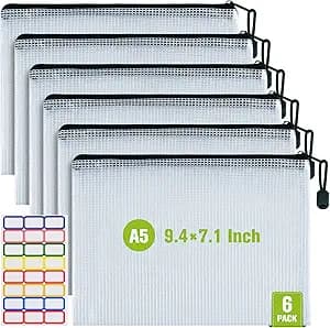 Mesh Zipper Pouch, 6PCS Waterproof Plastic Mesh ZipperBag, A5 Size Tear-Resistant Document Pouch, Extra Large Zip File Bags, for School Office Supplies Home Travel Storage(9.4×7.1 Inch)