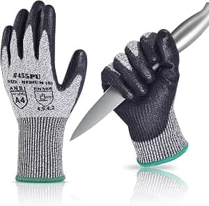 Donfri 1 Pair Cut Resistant Gloves High Performance Level 5 Protection Safety Work Gloves for Men Comfortable PU Coated Palm Cut Proof Gloves Gardening Food Grade Non-slip Machine Washable (Medium)