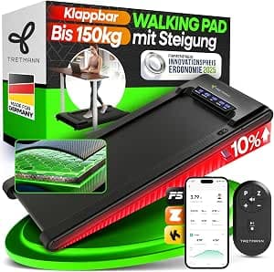 Tretmann Folding Walking Pad with Incline - Extra Quiet [LongLife Running Deck] with App up to 150 kg Load Capacity | Patent EMS Filter | Walking Pad Quiet Treadmill for Home Foldable Walking Pad 150