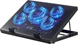 Kootek Laptop Cooling Pad, Laptop Cooler with 5 Quiet Fans for 12"-17" Computer PC Notebook Gaming Laptop Fan, Height Adjustable Laptop Cooling Stand Laptop Accessories, Blue