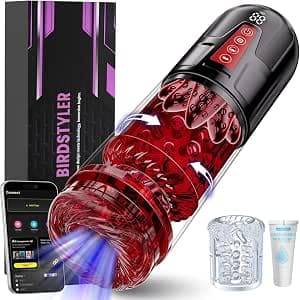 BIRDSTYLER Male Masturbator with Extra Sleeve, AI Snyc Male Sex Toys Stroker with 9 Thrusting Rotating & Sucking & Vibrating Modes, 12s Penis Pump, Realistic Tongue Licking Pocket Pussy, Water Massage