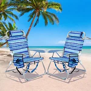 GVDV Backpack Beach Chairs for Adults 2 Pack, Portable Lay Flat Folding Chair with Cup Holder and Towel Bars, 4-Position Adjustable Reclining Chair for Beach, Camp, Outdoor, Blue Ocean