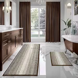 BSICPRO Bathroom Rugs and Mats Sets, 2 Piece Thick Absorbent Chenille Bath Mat Rug Set Non Slip, Soft Shaggy Bath Room Floor Mats for Bathroom, Machine Washable (Brown, 20" x 60" Plus 20" x 32")
