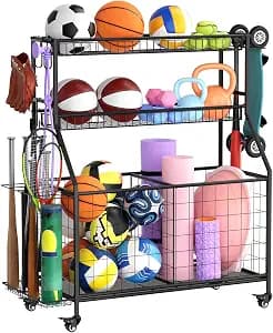 WUC Sports Equipment Garage Organizer, Garage Ball Storage Rack with Basket, Hooks and Rolling Cart for Sports Gear and Toy Storage, Black