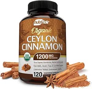 NutriFlair Organic Ceylon Cinnamon Supplement 1200mg, 120 Capsules - USDA Certified - Non-GMO, Gluten Free Powder, Antioxidant Pills