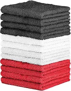 QUBA LINEN 100% Cotton Washcloth Set – Soft, Absorbent Face Towels for Bathroom & Gym Use – Durable & Reusable Wash Cloths - Dark Grey, White & Burgundy, 12x12 Inches, Pack of 12