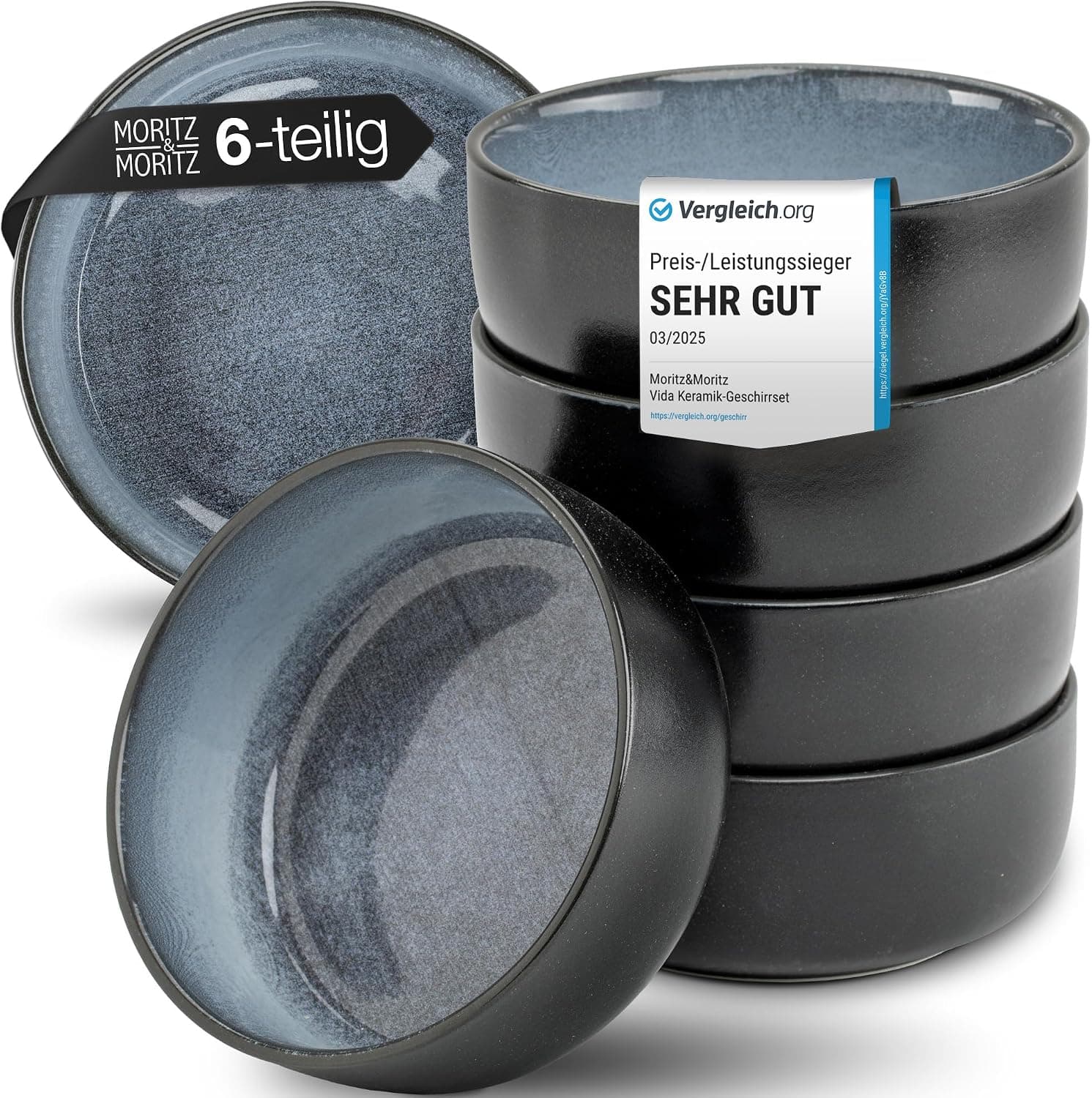 Moritz & Moritz VIDA 6x Müslischalen Blau - Stylisches und robustes Schalen Set aus Porzellan für Müsli, Suppen & Salate - Spülmaschinenfest, mikrowellengeeignet, ideal für den täglichen Gebrauch