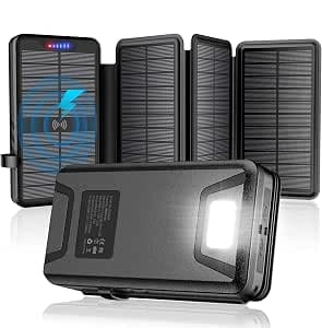 Solar Charger Power Bank - 38800mAh with Dual 5V3.1A Outputs 10W Qi Wireless Charger Waterproof Built-in 4 Solar Panel and Bright Flashlights (Deep Black)