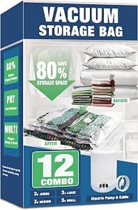 Space Saver Bags, Vacuum Storage Bags, Compression for Blankets and Bedding, Clothes Sealer Storage (12 Combo with Electric Pump)
