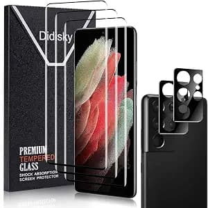 Didisky 3+2 Pack Screen Protector for Samsung Galaxy S21 Ultra Tempered Glass and Camera Lens Protector,3D Curved Full Coverage,Scratch-Resistant, HD,Easy to Use,Bubble Free, 9H