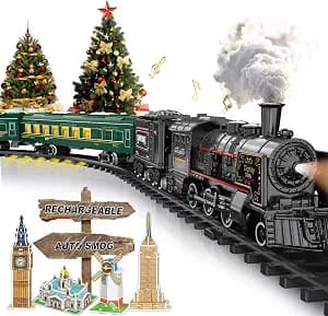 Electric Train Sets for Boys Girls Metal Alloy Christmas Trains Toys Steam Locomotive, Passenger Carriages, Tracks, Light & Sounds Rechargeable Birthday Gifts for Kids 3 4 5 6 7 8 + Years Old Green …