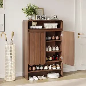 Vabches Shoe Storage Cabinet with Wave Panel Doors, 5-Tier Shoe Cabinet with Adjustable Shelves, 45'' Tall Freestanding Narrow Shoe Organizer for Entryway, Front Door, Hallway, Brown