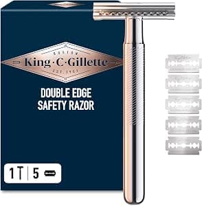 King C. Gillette Double Edge Safety Razor for Men, 1 Handle & 5 Platinum Coated Blades - Traditional Wet Shave Razor, Closed Comb Head, Chrome-Plated Metal Handle, Precision Beard Styling