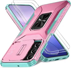 Case for Samsung Galaxy A15 5G with Slide Camera Cover + Screen Protector(2 Packs), Military Grade Shockproof Protective, with Ring Kickstand (A - Pink+Celadon, Galaxy A15 (6.5"))