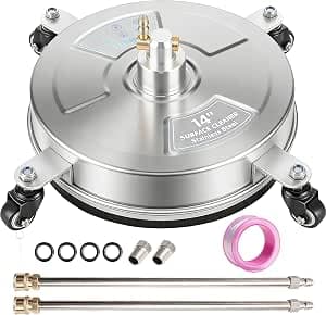 Hourleey 14" Pressure Washer Surface Cleaner, Stainless Steel Surface Cleaner with 4 Wheels for Concrete, Patio, Sidewalk, Deck, Pathway 1/4" Quick Connector, 2 Extension Wand, 4000 PSI