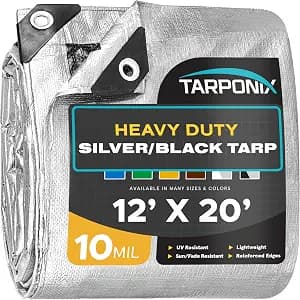 12' x 20' Dual-Sided Heavy-Duty Tarp – 10 Mil Tear-Resistant Silver & Black Cover with Reinforced Edges and Anti-Rust Grommets