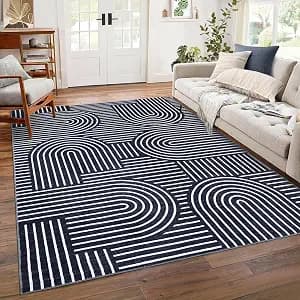 Washable Rug 8x10 Area Rugs for Living Room, Abstract Rug for Bedroom, Soft Rainbow Non Slip Throw Rugs with Rubber Back, Low Pile Stain Resistant Boho Geometric Carpet for Dining Room, Blue