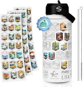 National Parks Water Bottle With Stickers - 32oz 316 Stainless Steel, Double-wall Vacuum Insulation, Leakproof Bpa-free Straw Lid, Laser Engraved Bottle+63 Waterproof Stickers, Everyday, Outdoor Use.