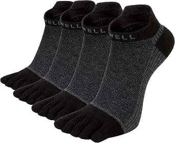 VWELL Cotton Toe Socks Five Finger Socks No Show Crew Athletic Running Socks 4 Pairs,Size 7-11