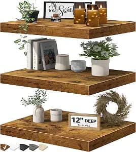 QEEIG 12" Deep Floating Shelves for Wall - 12 x 16 inch Book Shelf Bathroom Bedroom Kitchen Living Room Hanging Bookshelf Farmhouse Set of 3, Brown (026-40BN3)