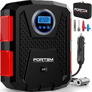 FORTEM Car Tyre Inflator 150 PSI, Air Compressor, Electric Air Pump for Car Tires, Digital Tire Pump w/Auto Pump/Shut Off, Carrying Case