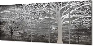 Yihui Arts Tree Metal Wall Art For Living Room Black Grey Silver Color Pictuers For Decor