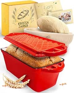 Krustenzauber Enamel Bread Pan with Lid, Incl. Proofing Basket, Robust 28 cm Cast Iron Baking Pan, Ideal for Loaves, Toast Bread, Baking Mould, Bread Mould, Cast Iron Pot, Bread Baking Accessories