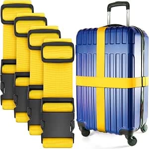 Luggage Straps for Suitcases TSA Approved - Yellow, 4 Pack - Premium Nylon Belts for Suitcase, Briefcase & Travel Bag - Adjustable Strap Length 1-2 metre