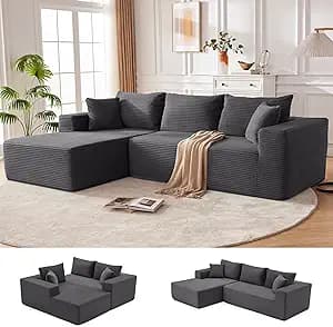 MANGODAN 110” Cloud Sectional Couch, Boneless Sofa for Living Room, Modular Sectional Sofa with Deep Seat, Comfy Fluffy Couch with L-Shaped Chaise, No Assembly Required (Left-Facing Chaise, Dark Grey)