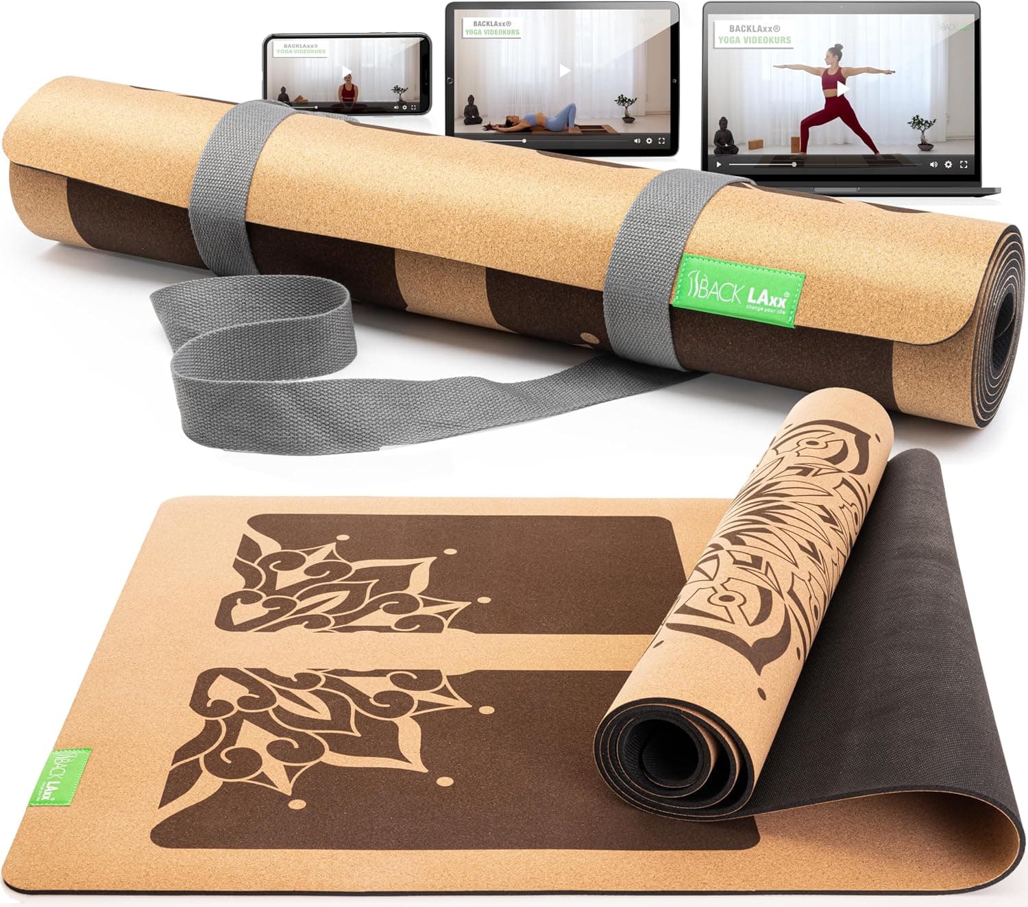 BACKLAXX ® Yoga Mat Cork with Natural Rubber – FAZ Test Winner 08/2024 – Yoga Mat Sustainable, Non-Toxic, Yoga Mat Non-Slip, Fitness Mat with Non-Slip Zones Including Carry Strap, Gym Mat