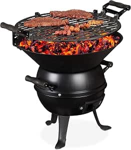Relaxdays Barbecue Barrel, Cast Iron and Steel, Adjustable Height, Portable, Charcoal, 35 cm Grill, Black