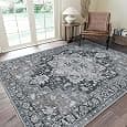 GENIMO 8x10 Area Rugs for Living Room, Machine Washable Non Slip Vintage Rugs, Low Pile Lightweight Chenille Print Rug for Bedroom, Dining Room, Home Office, Ashen Taupe