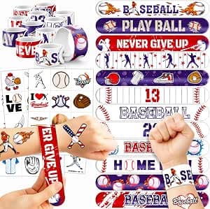 72PCS Baseball Party Favors - 48 Pre-Cut Tattoos & 24 Slap Bracelets for Kids, Perfect for Sports-Themed Birthdays, School Prizes, and Classroom Rewards