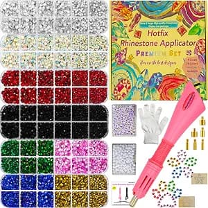 Hot Fix Tool with 10000 Rhinestones and 300 Pearls for Blinging Clothes, Fabric, Clothing, Leather, Hotfix Bedazzler Kit with 6 Tips, Stand, Gift Box, Manual, Glove, Stencils, Tray, Tweezers, Picker