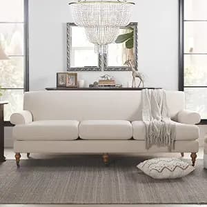 French Country Sofa - Three Seater Couch with Three-Cushion Tightback and Rolled Arms, Soft Couch with Wheels and Solid Wooden Frame, Comfy Couches for Living Room (Beige)