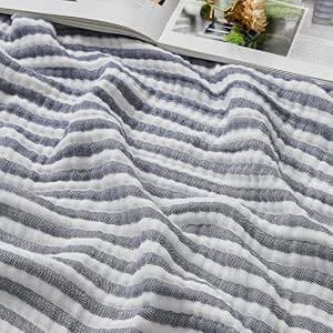 EMME Cotton Muslin Twin Blanket Breathable Gauze Soft Lightweight Adults Gifts for Women (Striped Navy, 60"x80")
